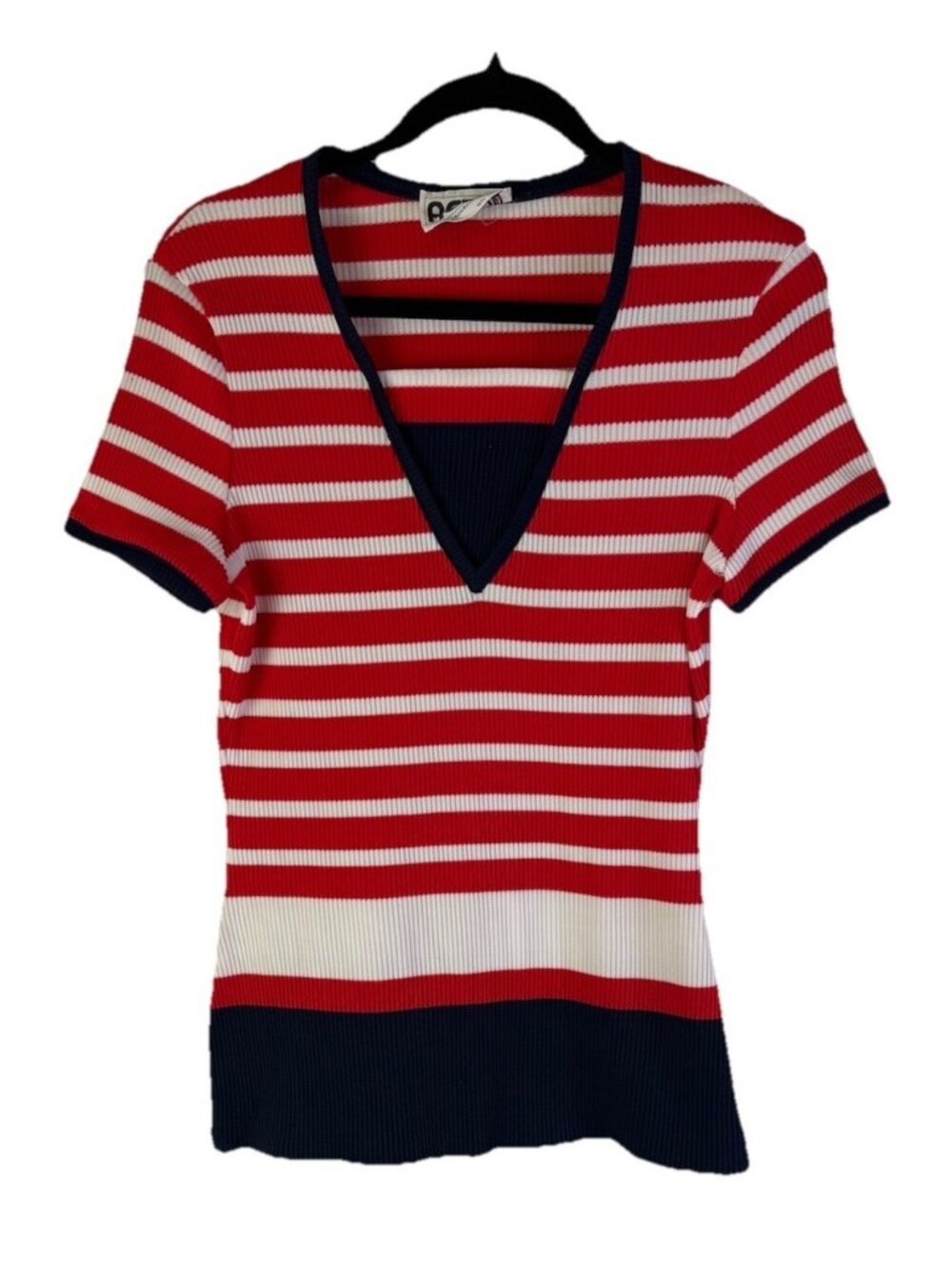 Vintage 70s Color Block Ribbed Knit Shirt Top Rockabilly